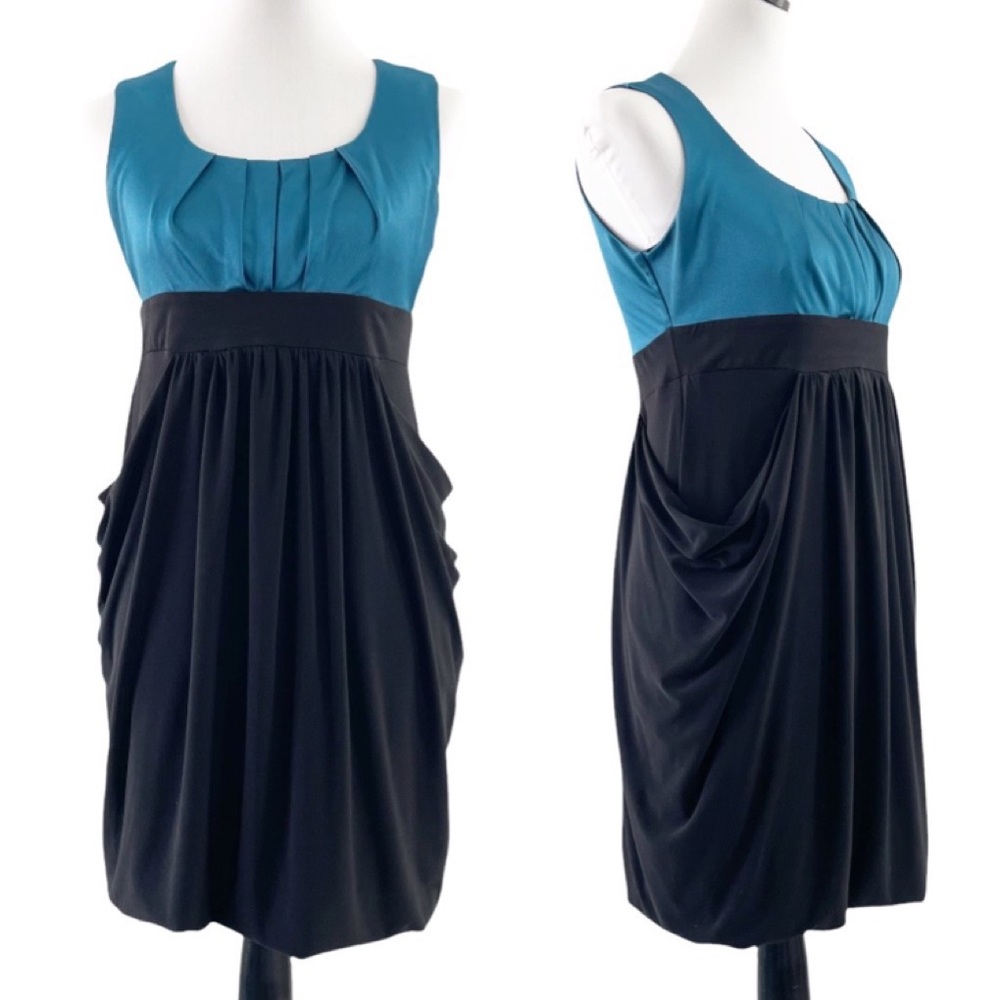 Sweet Storm Sleeveless Empire Waist Pleated Color Block Side Pocket Dress Large